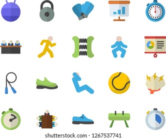 Color flat icon set stopwatch flat vector, chart, meeting, brainstorm, weight, sneakers, skipping rope, carpal expander, sports equipment horse, tennis ball, fitball, boxing gloves, gymnastics, run