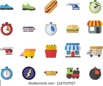 Color flat icon set stopwatch flat vector, hamburger, hot dog, French fries, store front, express delivery, helicopter, lightning, sneakers, train fector