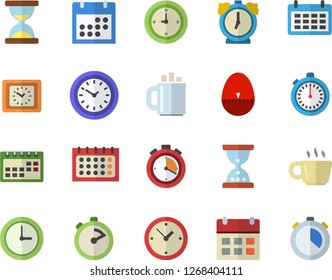 Color flat icon set stopwatch flat vector, kitchen egg timer, calendar, clock, coffee, hourglass, alarm
