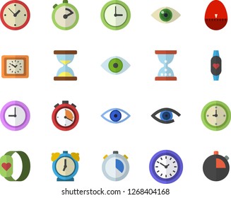 Color flat icon set stopwatch flat vector, kitchen egg timer, clock, eye, fitness bracelet, hourglass, alarm