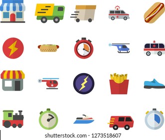 Color flat icon set stopwatch flat vector, hot dog, French fries, store front, trucking, express delivery, ambulance, helicopter, lightning, sneakers, train fector, water scooter