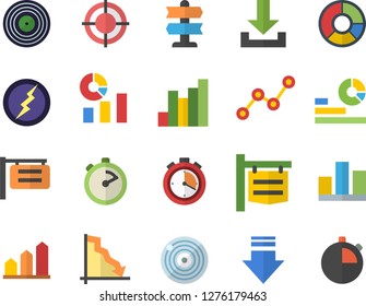 Color flat icon set stopwatch flat vector, signboard, crisis, chart, statistics, scatter, statistic, clircle diagram, target, lightning, achievement, pointer fector, download