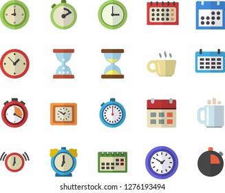 Color flat icon set stopwatch flat vector, calendar, clock, coffee, hourglass, alarm