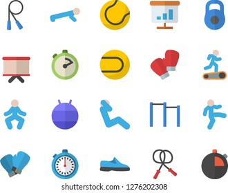 Color flat icon set stopwatch flat vector, flipchart, chart, weight, sneakers, skipping rope, parallel bars, tennis ball, fitball, boxing gloves, Treadmill, gymnastics, push up, swing press