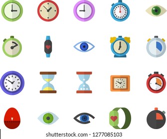 Color flat icon set stopwatch flat vector, kitchen egg timer, clock, eye, fitness bracelet, hourglass, alarm