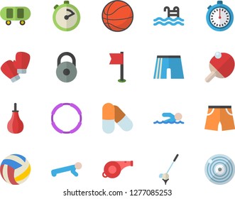 Color flat icon set stopwatch flat vector, weight, whistle, skateboard, basketball, volleyball, sports pear, athletic shorts, flag, boxing gloves, pills, swimming, push up, pool, hoop, table tennis