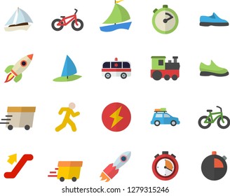 Color flat icon set stopwatch flat vector, rocket, express delivery, sailboat, ambulance, lightning, sneakers, bicycle, run, train fector, car, escalator, windsurfing