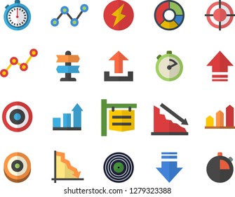 Color flat icon set stopwatch flat vector, signboard, crisis, scatter chart, clircle diagram, target, lightning, achievement, pointer fector, download, upload