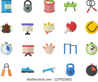 Color flat icon set stopwatch flat vector, flipchart, meeting, brainstorm, weight, sneakers, skipping rope, carpal expander, parallel bars, sports equipment horse, tennis ball, push up, proteins