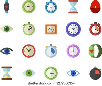 Color flat icon set stopwatch flat vector, kitchen egg timer, clock, eye, fitness bracelet, hourglass
