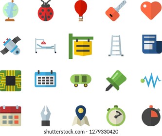 Color flat icon set stopwatch flat vector, ladybird, ladder, motherboard, signboard, calendar, news, heart, hospital bed, drawing pin, ink pen, satellit, globe, electric discharge fector, skateboard