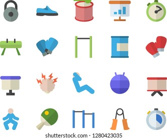 Color flat icon set stopwatch flat vector, flipchart, chart, brainstorm, weight, sneakers, carpal expander, parallel bars, sports equipment horse, fitball, boxing gloves, gymnastics, swing press