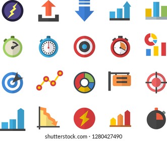 Color flat icon set stopwatch flat vector, signboard, crisis, chart, statistics, scatter, statistic, clircle diagram, target, lightning, achievement, download, upload