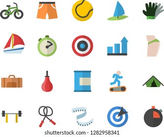 Color flat icon set stopwatch flat vector, gloves, sailboat, target, barbell, achievement chart, centimeter, buttocks, bicycle, skipping rope, sports pear, athletic shorts, tennis ball, Treadmill