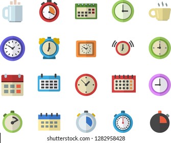 Color flat icon set stopwatch flat vector, calendar, clock, coffee, alarm