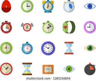Color flat icon set stopwatch flat vector, kitchen egg timer, clock, eye, fitness bracelet, hourglass, alarm