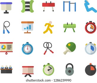 Color flat icon set stopwatch flat vector, flipchart, chart, meeting, weight, skipping rope, carpal expander, parallel bars, sports equipment horse, swing press, run, table tennis