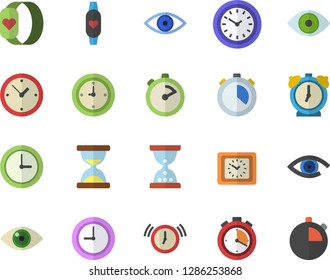 Color flat icon set stopwatch flat vector, clock, eye, fitness bracelet, hourglass, alarm