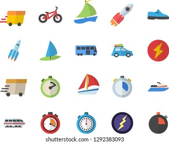 Color flat icon set stopwatch flat vector, rocket, express delivery, sailboat, lightning, sneakers, bicycle, train fector, car, bus, water scooter, windsurfing