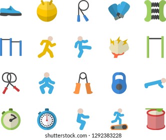 Color flat icon set stopwatch flat vector, brainstorm, weight, sneakers, skipping rope, carpal expander, parallel bars, fitball, boxing gloves, Treadmill, gymnastics, squats, push up, run, steroids