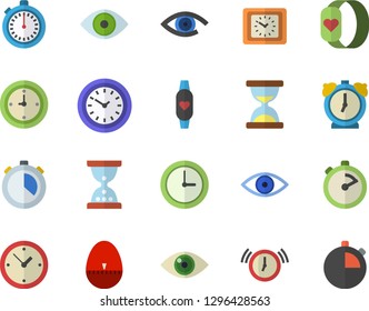 Color flat icon set stopwatch flat vector, kitchen egg timer, clock, eye, fitness bracelet, hourglass, alarm