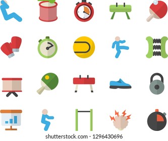 Color flat icon set stopwatch flat vector, flipchart, chart, brainstorm, weight, sneakers, carpal expander, parallel bars, sports equipment horse, tennis ball, boxing gloves, gymnastics, squats