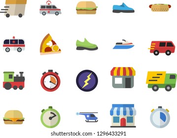 Color flat icon set stopwatch flat vector, hamburger, hot dog, pizza, store front, trucking, express delivery, ambulance, helicopter, lightning, sneakers, train fector, water scooter