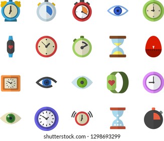 Color flat icon set stopwatch flat vector, kitchen egg timer, clock, eye, fitness bracelet, hourglass, alarm