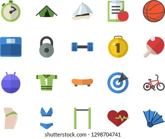 Color flat icon set stopwatch flat vector, target, dumbbell, weight, medal, skateboard, basketball, heartbeat, diet, weighing machine, buttocks, parallel bars, fitball, swimsuit, sport T shirt, tent