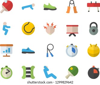 Color flat icon set stopwatch flat vector, flipchart, chart, brainstorm, weight, sneakers, skipping rope, carpal expander, sports equipment horse, tennis ball, fitball, squats, push up, swing press