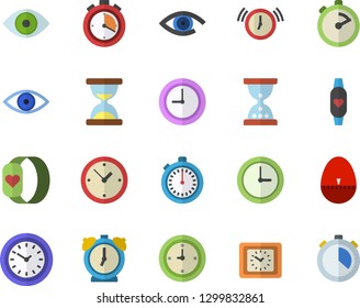 Color flat icon set stopwatch flat vector, kitchen egg timer, clock, eye, fitness bracelet, hourglass, alarm
