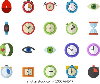 Color flat icon set stopwatch flat vector, kitchen egg timer, clock, eye, fitness bracelet, hourglass, alarm