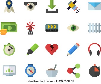 Color flat icon set stopwatch flat vector, porridge, windmill, conveyor, radiator, cash, marker, molecules, computer chart, pencil, mail, satellit, location fector, surveillance camera, compass, eye