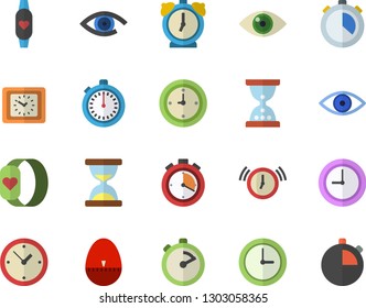Color flat icon set stopwatch flat vector, kitchen egg timer, clock, eye, fitness bracelet, hourglass, alarm