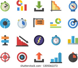 Color flat icon set stopwatch flat vector, signboard, crisis, chart, statistics, statistic, clircle diagram, target, lightning, pointer fector, compass, download, upload