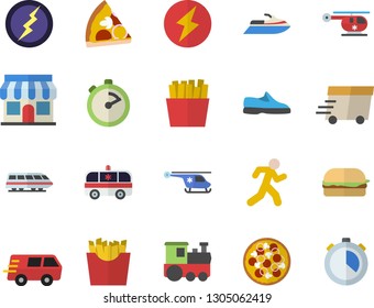 Color flat icon set stopwatch flat vector, hamburger, pizza, French fries, store front, trucking, express delivery, ambulance, helicopter, lightning, sneakers, run, train fector, water scooter