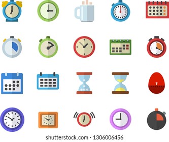 Color flat icon set stopwatch flat vector, kitchen egg timer, calendar, clock, coffee, hourglass, alarm