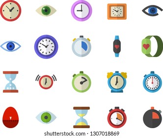 Color flat icon set stopwatch flat vector, kitchen egg timer, clock, eye, fitness bracelet, hourglass, alarm