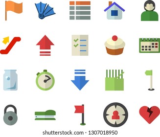 Color flat icon set stopwatch flat vector, cupcake, house, fabric manufacture, glass bottles, target audience, flag, calendar, to do list, stapler, weight, sports, escalator fector, flippers, menu