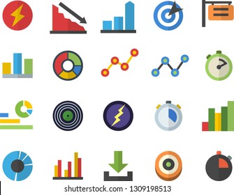 Color flat icon set stopwatch flat vector, signboard, crisis, chart, statistics, scatter, statistic, clircle diagram, target, lightning, download