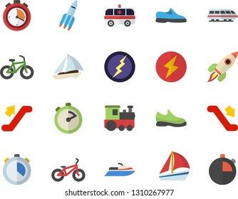 Color flat icon set stopwatch flat vector, sailboat, ambulance, rocket, lightning, sneakers, bicycle, train fector, escalator, water scooter