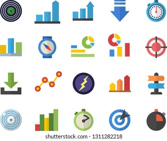 Color flat icon set stopwatch flat vector, chart, statistics, scatter, statistic, target, lightning, achievement, pointer fector, compass, download