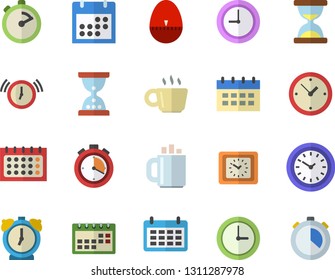 Color flat icon set stopwatch flat vector, kitchen egg timer, calendar, clock, coffee, hourglass, alarm