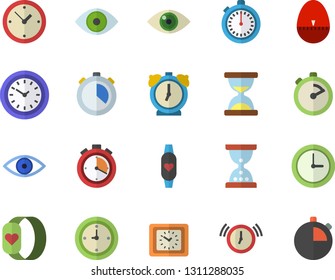 Color flat icon set stopwatch flat vector, kitchen egg timer, clock, eye, fitness bracelet, hourglass, alarm