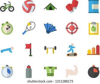 Color flat icon set stopwatch flat vector, target, barbell, volleyball, diet, achievement chart, muscles, bicycle, sports pear, flag, boxing gloves, sport T shirt, Treadmill, push up, proteins
