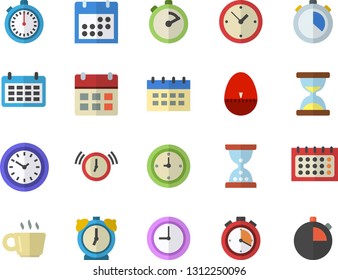 Color flat icon set stopwatch flat vector, kitchen egg timer, calendar, clock, coffee, hourglass, alarm