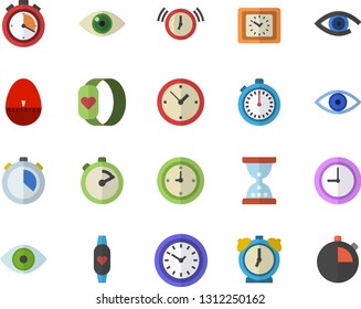 Color flat icon set stopwatch flat vector, kitchen egg timer, clock, eye, fitness bracelet, hourglass, alarm
