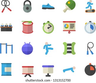 Color flat icon set stopwatch flat vector, flipchart, chart, meeting, weight, sneakers, skipping rope, carpal expander, parallel bars, fitball, Treadmill, gymnastics, push up, proteins, steroids