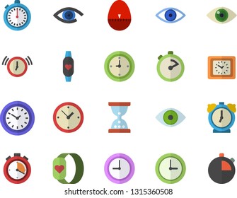 Color flat icon set stopwatch flat vector, kitchen egg timer, clock, eye, fitness bracelet, hourglass, alarm