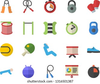 Color flat icon set stopwatch flat vector, flipchart, chart, weight, sneakers, skipping rope, carpal expander, parallel bars, tennis ball, fitball, boxing gloves, push up, swing press, steroids